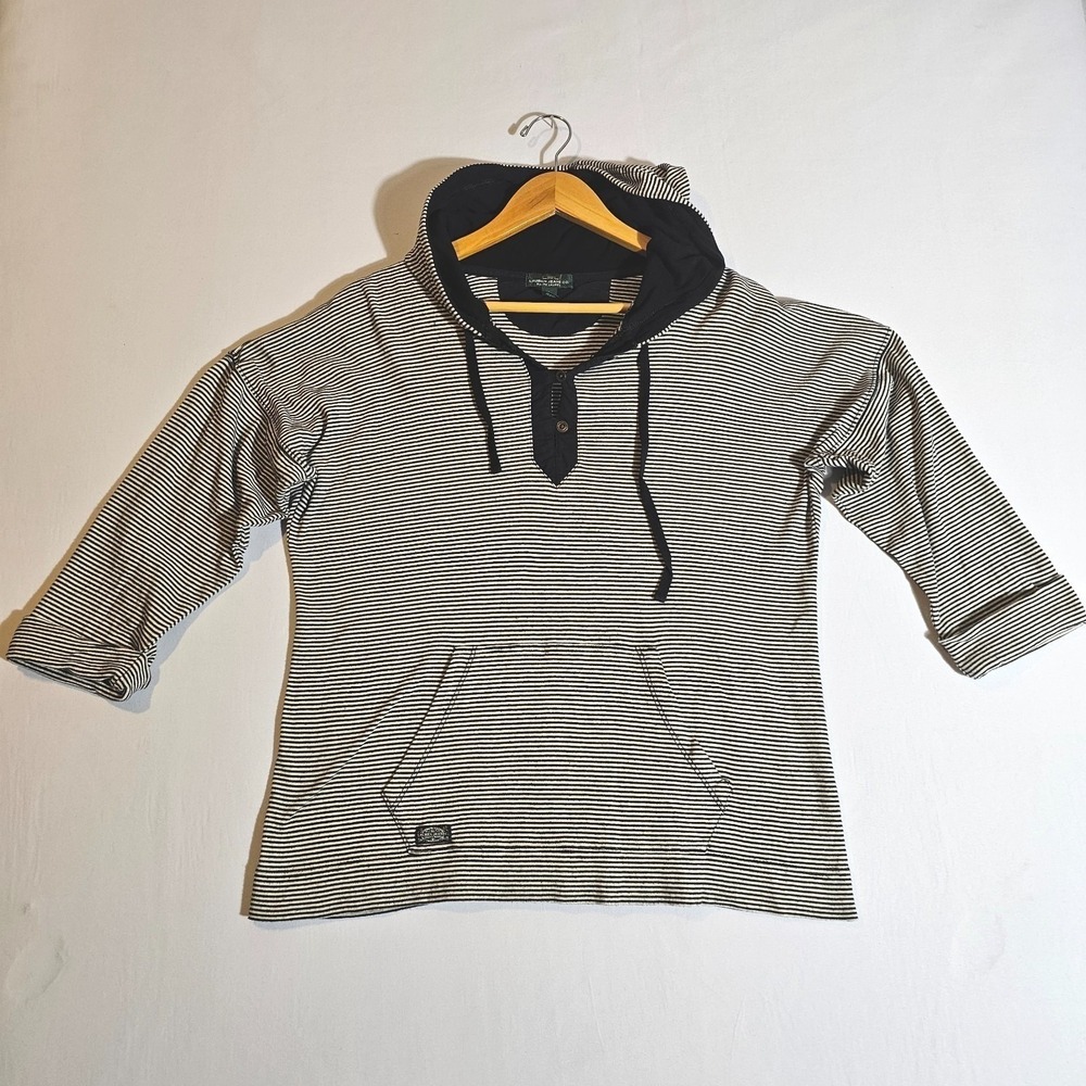 LRL Ralph Lauren Jeans Co 1/4 Button Pullover Hoodie Women L Beige Black Striped